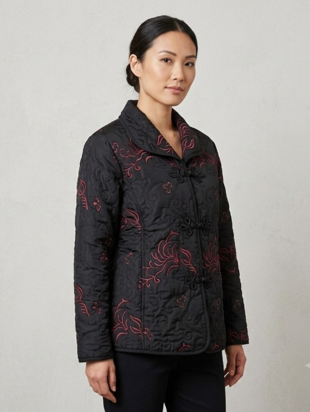 Du Jour Black Quilted Jacket with Red Embroidered Accents Women's L